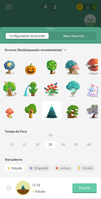configuração de plantio no aplicativo Forest